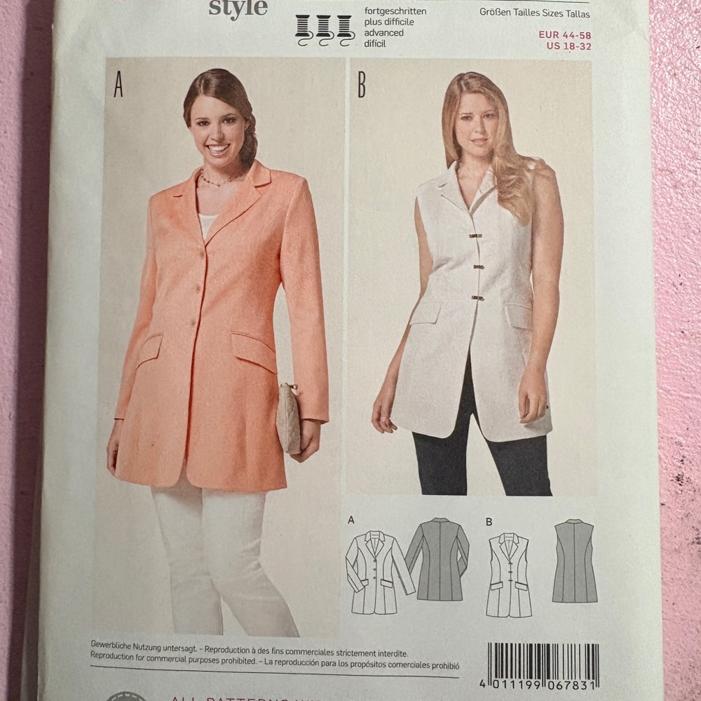 BN UNCUT BURDA 6783 JACKET & VEST SEWING PATTERN